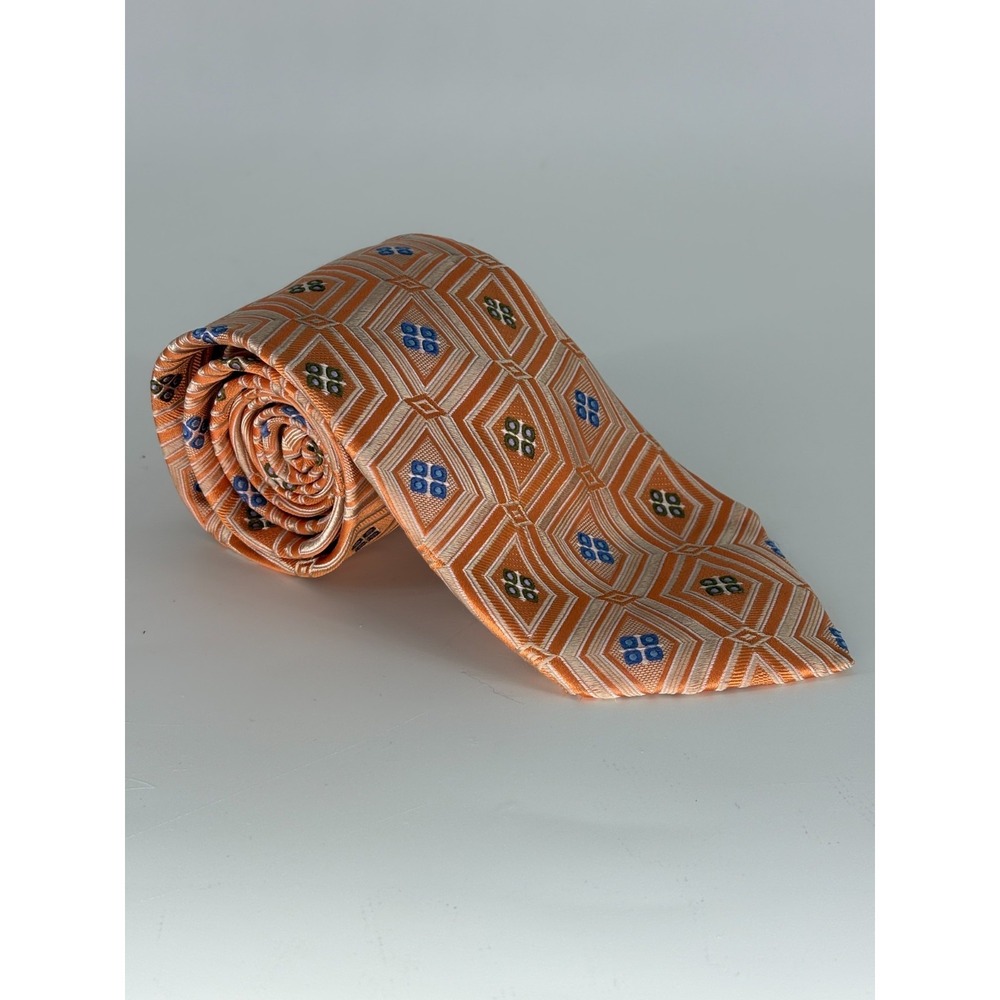 Ermenegildo Zegna Italy Silk Jacquard Geometric Diamond Tie Orange Blue